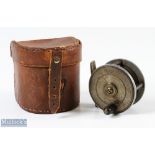 Allcocks Plate Wind 5 pillar Brass Reel 2 ¼" spool with ivorine handle and leather case