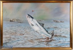 Leaping Salmon Oil on Canvas by David James Perkins 1995, A quality large gold guilt framed