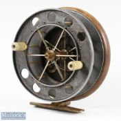 Scarce c1920s Allcocks Improved Coxon Aerial 4 ½" centrepin reel wood and brass star back, brass