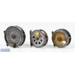 3x C Farlow & Co alloy and brass trout fly reels from late 1890s onwards - 3"alloy and brass