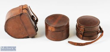 3x unnamed leather cases with 2 round 3 ½" and 4" approx., 1 D shape, re-purposed (3)