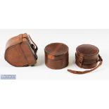 3x unnamed leather cases with 2 round 3 ½" and 4" approx., 1 D shape, re-purposed (3)