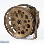 Scarce Hardy Brothers 4 ¼" Brass Transitional Perfect Salmon reel with maker's Rod in Hand logo,