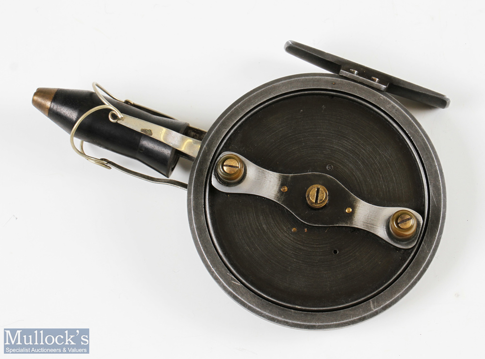 Rare Illingworth No1 Casting Reel 1st type with 3 hook flyer, leaded finish, stamped 'Patent - Image 3 of 4