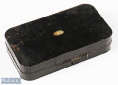 Hardy Bros black Japanned tin with maker's oval plaque to top, one side with hinged lid