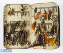 Hardy Bros black Japanned Salmon fly tin and Gut-Eye flies features approx. 20 gut eyed examples,