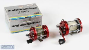 ABU Ambassadeur 6000 series multiplier reel in red finish star drag, no number stamp to foot,