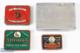 S Allcock & Co Dry Fly tin and flies with 12x spring lid compartments, measures 5x3.5" contains