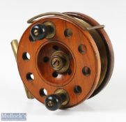 Fine Milward "Overseas" 5" Frog Back wood and brass sea reel - ventilated face, central drag knob,