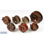 Selection of 7x Various Nottingham wood and brass star and strap back reels in various sizes