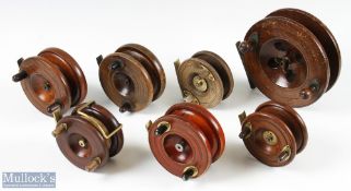 Selection of 7x Various Nottingham wood and brass star and strap back reels in various sizes