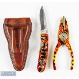 Abel #2 Pliers and Abel Blade flip knife both in custom finish with leather sheath both appear in