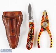 Abel #2 Pliers and Abel Blade flip knife both in custom finish with leather sheath both appear in