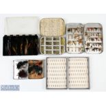 Selection of Fly tins and flies featuring Wheatley tin with hinged lid compartments, another