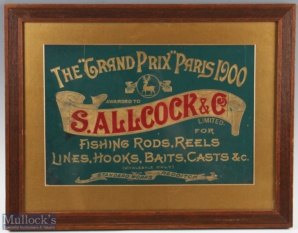 S Allcock & Co Redditch framed 'The Grand Prix, Paris 1900' Point of Sale Poster in gold gilt,