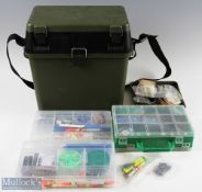 Fishing Seat Tackle Box containing a varied selection of coarse fishing tackle, floats, weights,