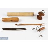 Interesting collection of treen style fishing related items (6) Wooden torpedo shaped float holder