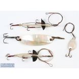 Mother of Pearl 3" lure with vanes and three treble hooks, plus another 2 ½" mother of pearl lure