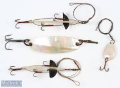 Mother of Pearl 3" lure with vanes and three treble hooks, plus another 2 ½" mother of pearl lure