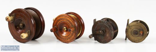 Gamage of Holborn 3 ½" wood and brass star back reel with brass rear flange and lining, central wing