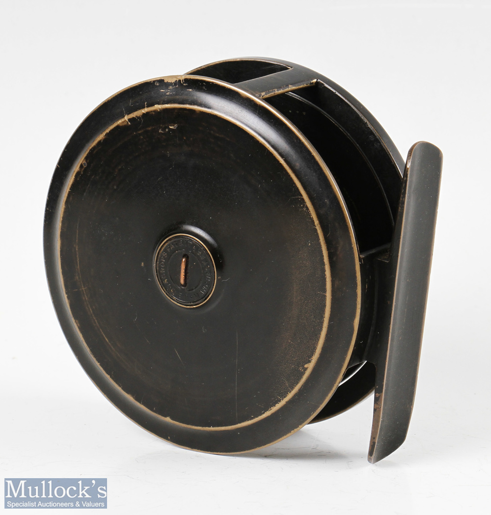 Moscrop of Manchester 4" patent brass fly reel in black finish, screw adjuster to central ventilated - Image 2 of 2