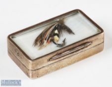 1902 London hallmarked Silver Vesta Case, with gut eyed salmon fly under glass decoration 6.3cm x
