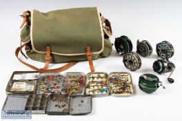 Relum 'Czechoslovakia' Canvas and leather fishing bag, fly tins, flies and reels - the reels include