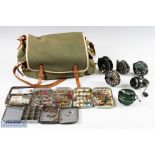 Relum 'Czechoslovakia' Canvas and leather fishing bag, fly tins, flies and reels - the reels include