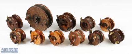 Selection of 11x Various Nottingham wood and brass star and strap back reels in various sizes