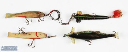 4x Wooden lure examples featuring sizes 4 ¼", 3", and 3 ¼" (x2), all with treble hooks, with paint