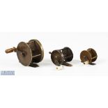 3x various brass crank wind reels - 1 5/8" x 1 3/8" wide drum multiplier with rim brake (needs