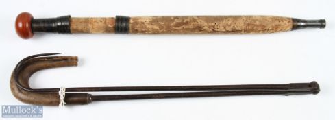 19thc Gaff and Fishing rod butt (2) - interesting cast Iron/steel folding gaff fitted with wooden "