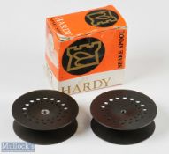 2x Hardy Bros 3 3/8" Spare Spools measures 1" width approx, within box