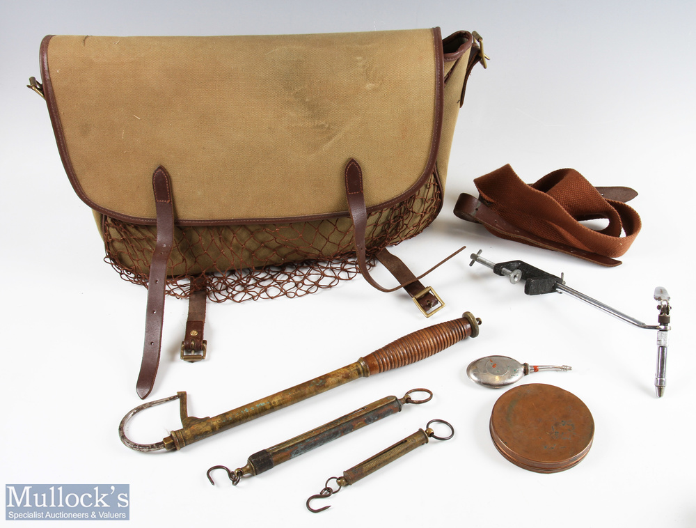 Deben Game canvas and leather bag, flies and fishing accessories includes an Aster fly tying vice,