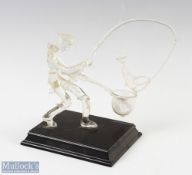 Glass Fishing Sculpture depicts fisherman landing a catch, measures 20cm height approx, on wooden