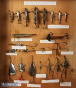 Selection of c1920s Allcocks Lures featuring Devon Minnows, Phantom, Spinners, etc, all mounted
