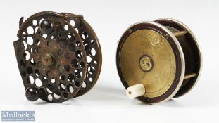 2x Interesting Early Large Brass Combination Reels - large Scottish Perth Style 4.75" Brass,