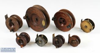 Mixed Selection of Fishing Reels with Nottingham Wood and brass examples of varying sizes from