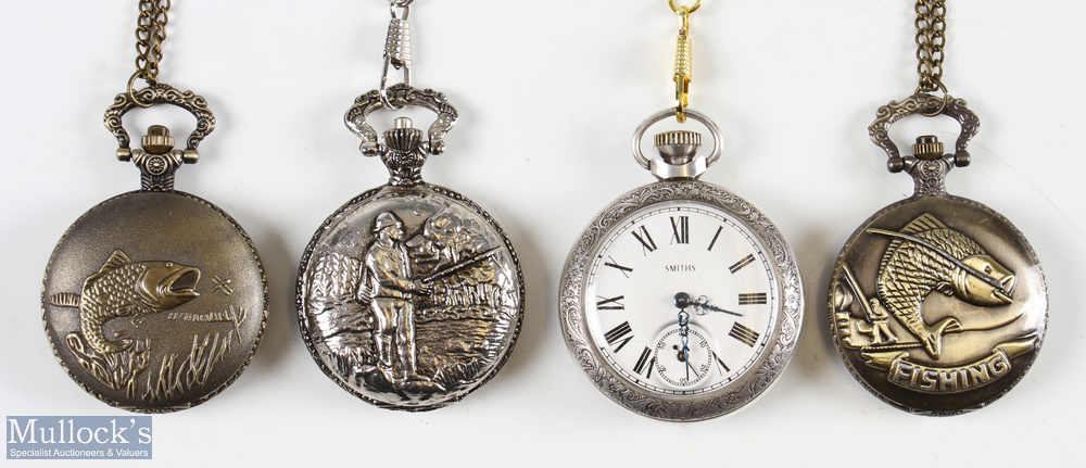 4x Fishing Pocket Watches to include a Smiths hand wind mechanical watch in a fishing scene case (