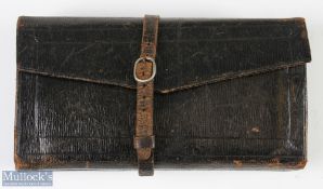 Early black leather tooled Fishing Tackle Compendium - c/w original rosewood 4-line reel, with