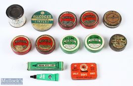 Collection of 12x Fishing Advertising Tins to include Mucilin, Allcocks, Linflot, Penn reel lube,