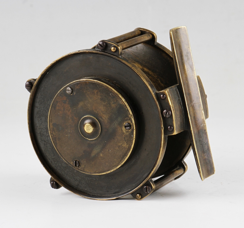 Early Vic J McGowan London 3.75" brass crank wind wide drum trolling winch salmon reel c1860s - - Image 2 of 2