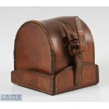 Unnamed medium sized 'D' block Leather Reel Case, 3 ¾" x 3" approx., burgundy lining, all stitching,