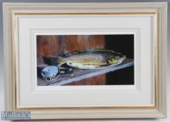 Limited Print of "A Perfect Trout" No. 12/150 by John N Clarke, glazed in a frame 66cm x 47cm.