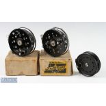 Youngs & Son Condex Fly Reel 3 ½" narrow drum runs well; 2 Strike Right centre pin reels, 4"