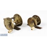 2x Vic Brass Multiplying Reels - 2.5 x 2" wide drum reel with perforated foot c/w 2x metal pins,