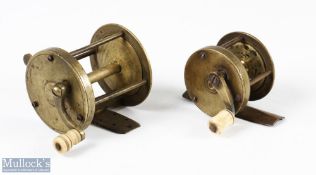 2x Vic Brass Multiplying Reels - 2.5 x 2" wide drum reel with perforated foot c/w 2x metal pins,