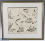 R Walker original salmon Fly Fishing Pencil Sketch, signed R Walker, after Richard "Dick" Walker