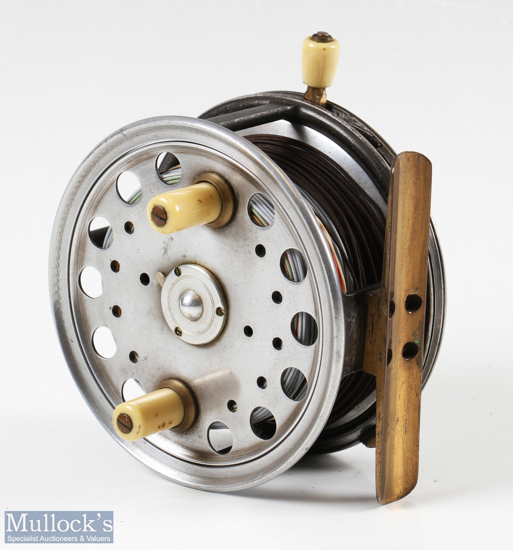 Hardy The Silex No 2 alloy casting reel 4 ¼" with twin ivorine handles, 3 screw latch smooth brass