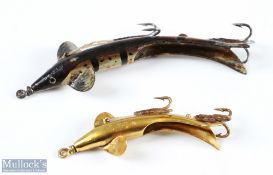 Patent Titbit curved hollow metal baits one measuring 3 ¼" painted the other measures 2" approx.